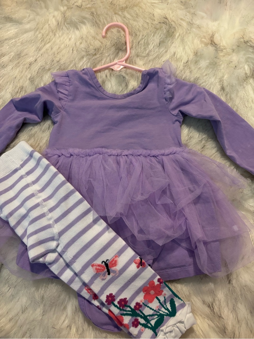 Rufflebutts Lilac Dress with Rufflebutts Floral Striped footless Tights - Kids